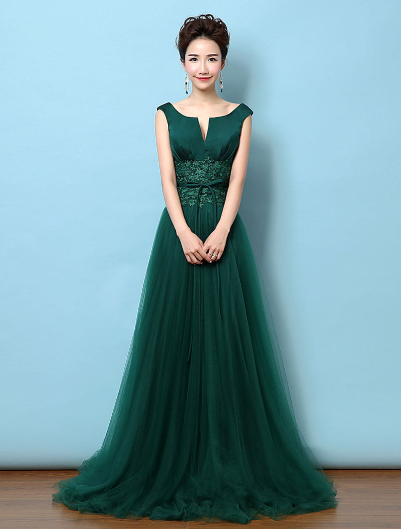 Dark Green Notched Neckline Tulle Evening Dress Backless Mother's Dress-showprettydress
