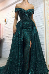 Dark Green Off-the-Shoulder Sparkle Long Evening Dresses Sheath Chic High Split Overskirt Prom Dresses-showprettydress