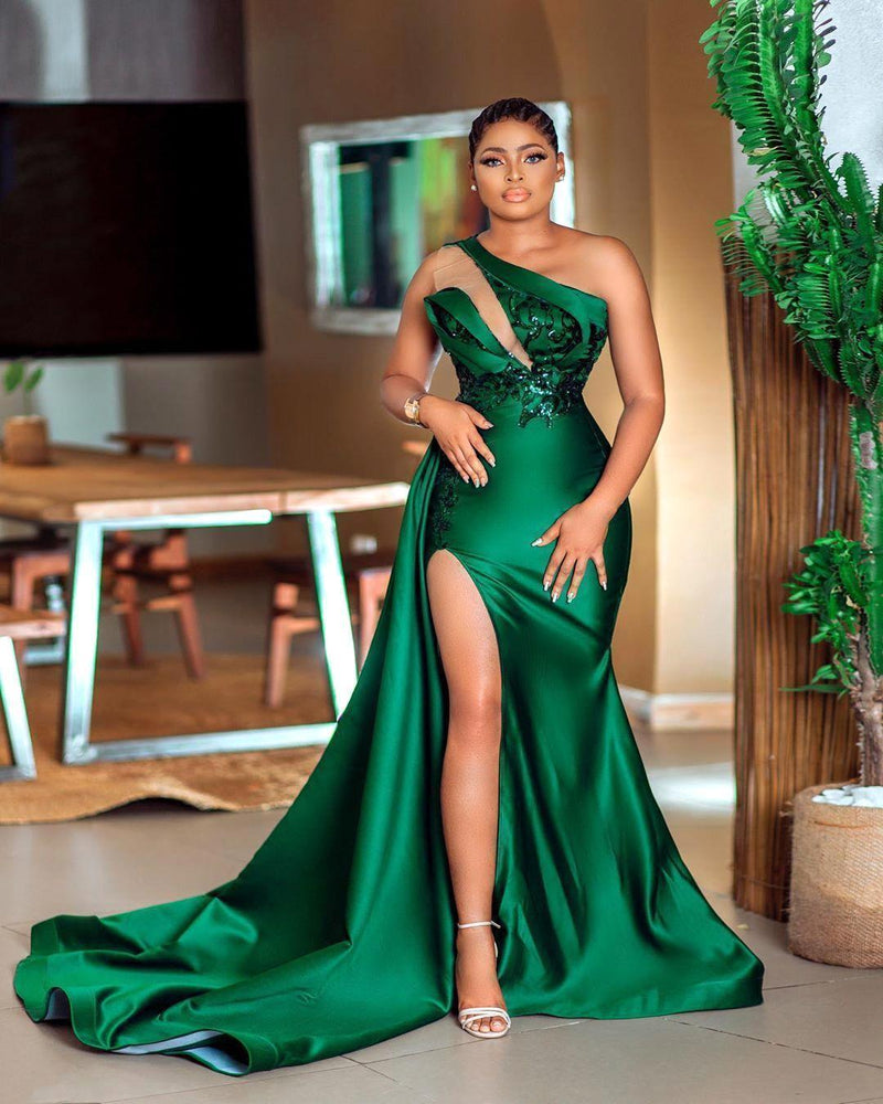 Dark green Plunging V neck One shoulder High split Mermaid Prom Dress-showprettydress