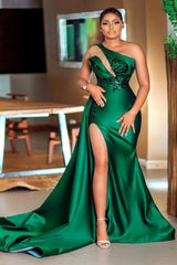Dark green Plunging V neck One shoulder High split Mermaid Prom Dress-showprettydress