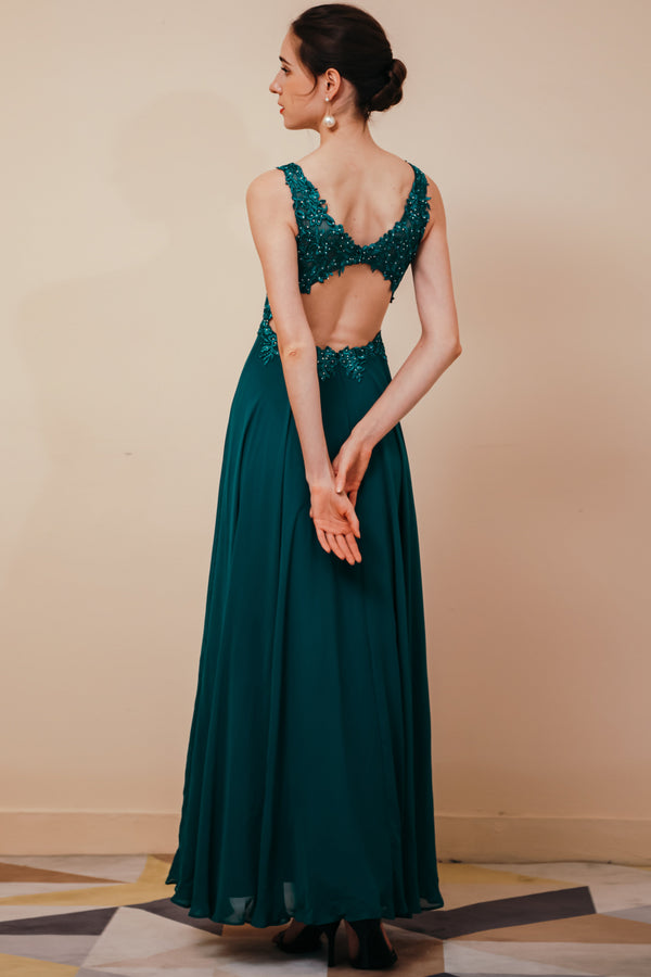 Dark Green V-neck Open-back Sleeveless Lace Evening Dress-showprettydress
