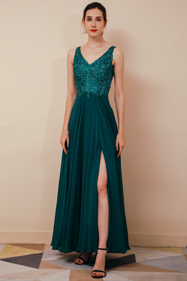 Dark Green V-neck Open-back Sleeveless Lace Evening Dress-showprettydress