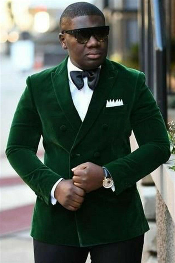 Dark Green Velvet Men's Suit Double Breasted Peaked Lapel Prom Outfits for Men-showprettydress