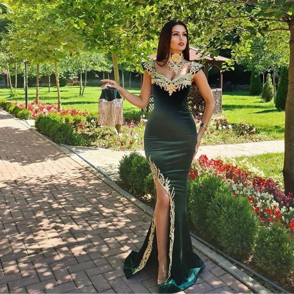Dark Green Velvet Mermaid Evening Dress with Gold Lace appliques-showprettydress