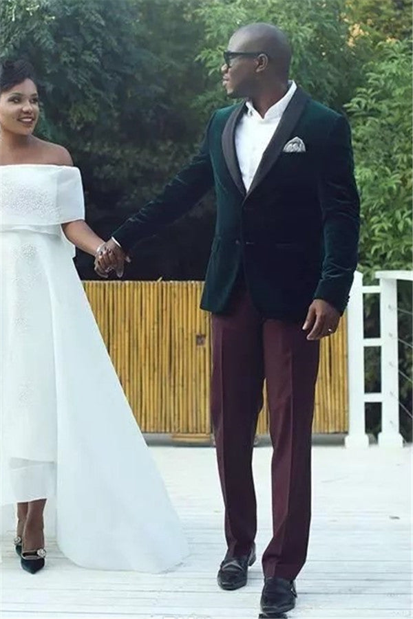 Dark Green Velvet Shawl Lapel Wedding Suits for Men-showprettydress
