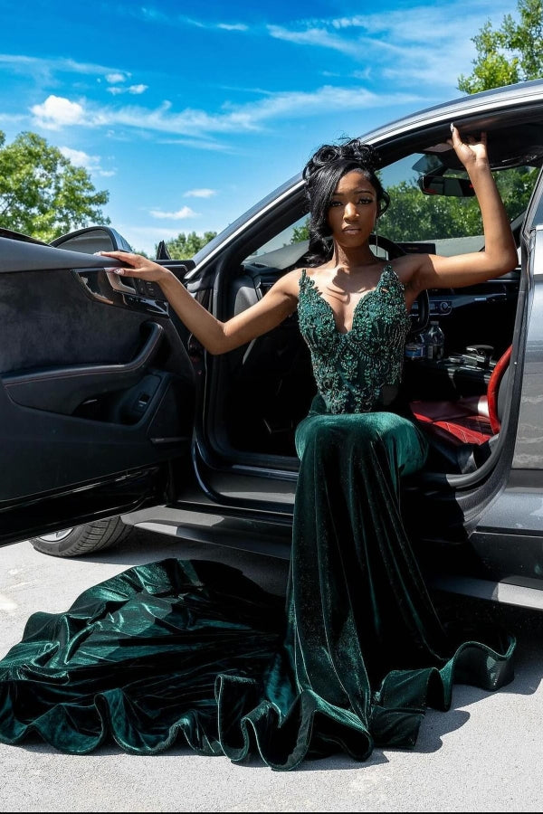 Dark Green Velvet Sweetheart Crystal Mermaid Prom Dresses-showprettydress