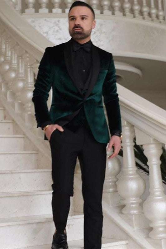Dark Green Velvet Three Pieces Fashion Shawl Lapel Wedding Groom Suits-showprettydress
