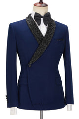 Dark Navy Bespoke Slim Fit Men Suits with Black Lapel-showprettydress