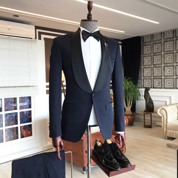 Dark Navy Fashion Shawl Lapel One Button Wedding Men Suits-showprettydress