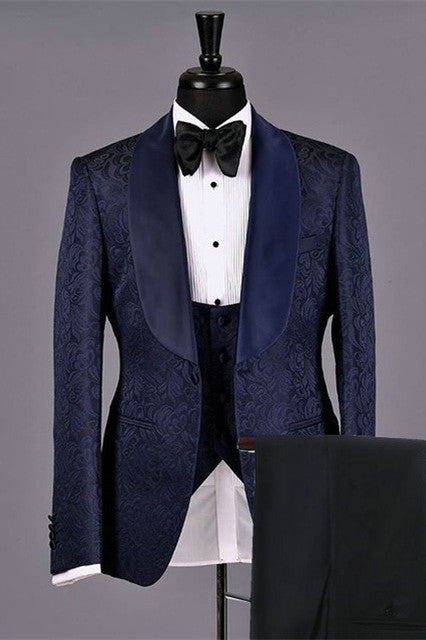 Dark Navy Jacquard Fashion Jacquard Bespoke Wedding Suits for Men-showprettydress