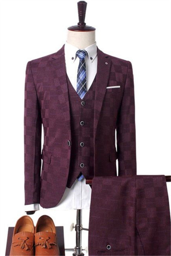 Dark Red Plaid Men's Business Suitss Men's Prom Suits with 3 Pieces-showprettydress