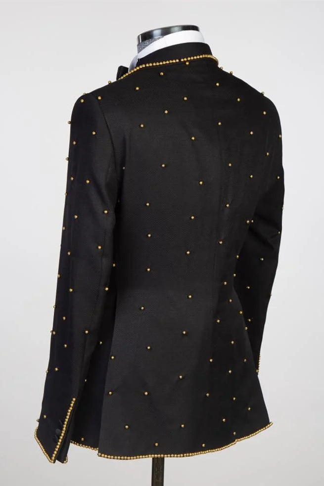 Black Peaked Lapel Double-Breasted Prom Suit with Gold Beading