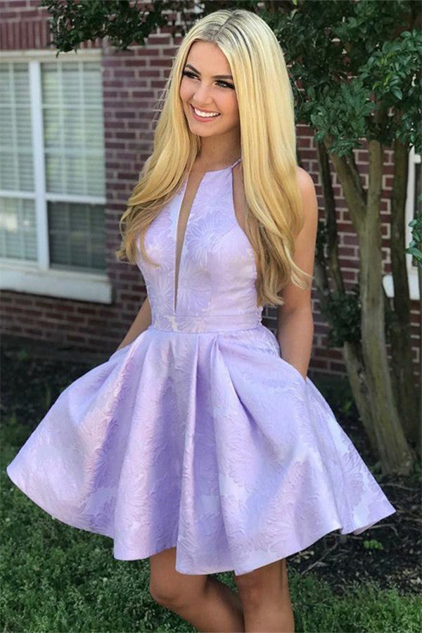 Deep-V-Neck Halter Appliques A-Line Sleeveless Homecoming Dress-showprettydress