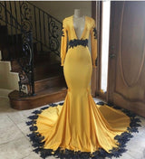 Deep V-neck Long Sleevess Black Appliques Yellow Mermaid Prom Dresses-showprettydress