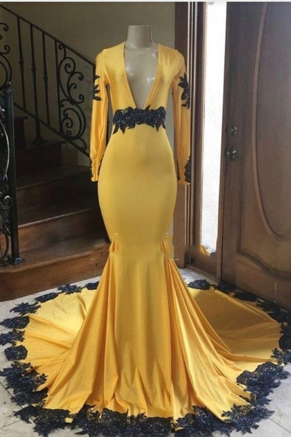 Deep V-neck Long Sleevess Black Appliques Yellow Mermaid Prom Dresses-showprettydress
