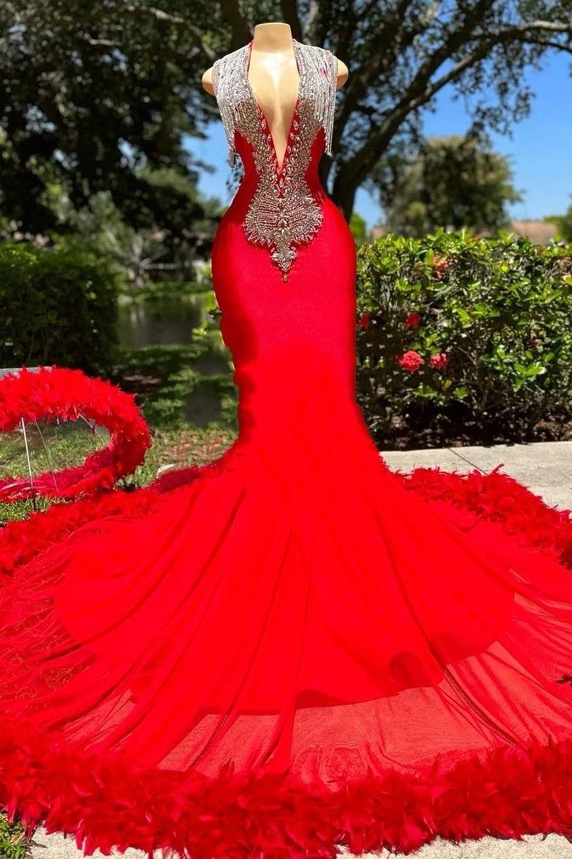 Deep V-neck Mermaid Red Long Feather Silver Beaded Prom Dresses-showprettydress