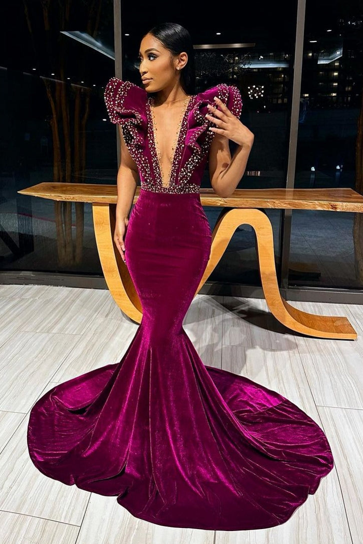 Deep V-Neck Mermaid Sweep Train Beading Prom Dress-showprettydress