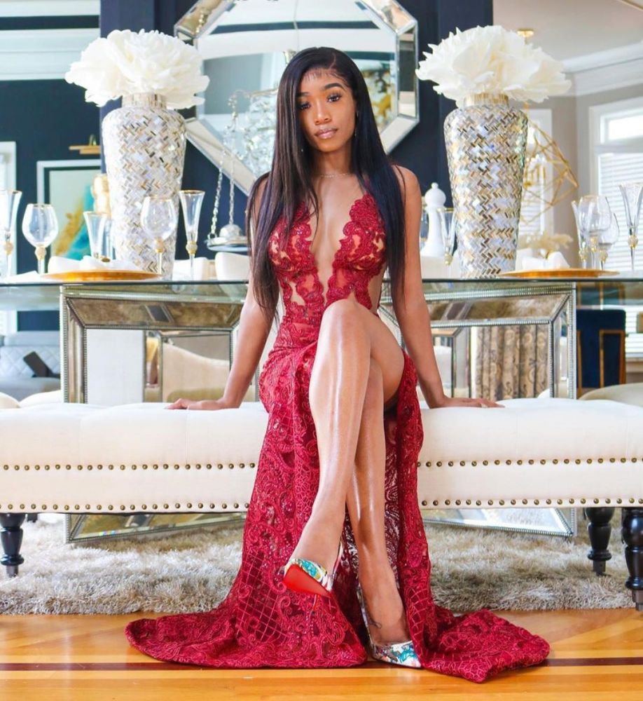 Deep V-Neck Red Prom Party GownsFloral Lace Appliques Split Front Party Dress-showprettydress
