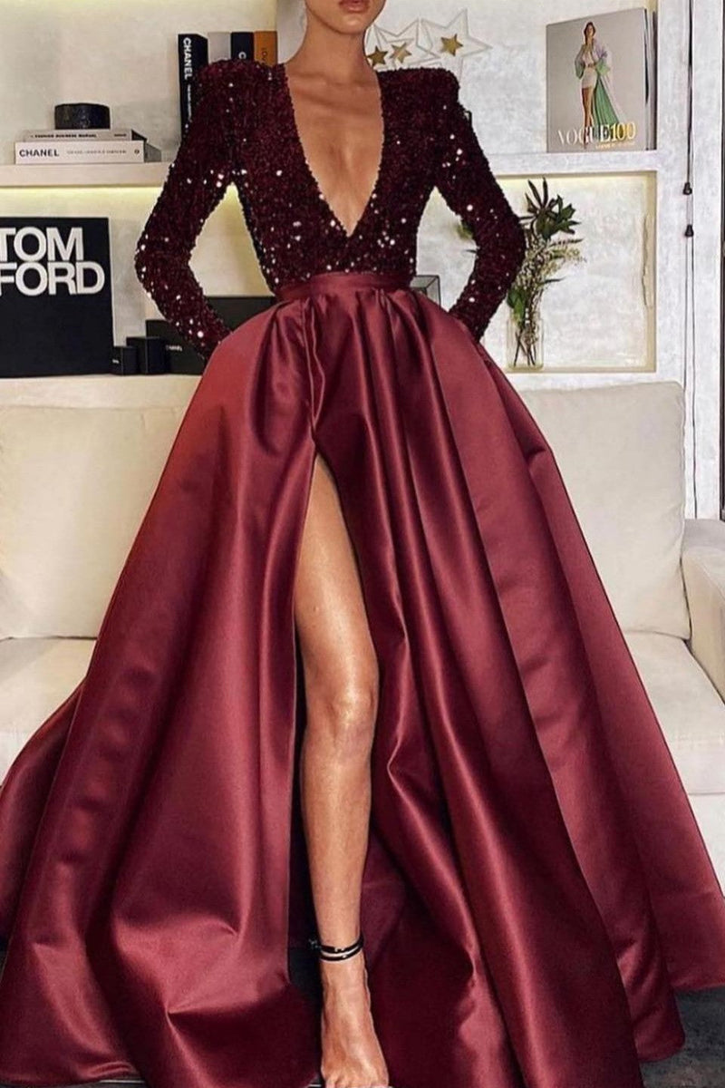 Deep V-Neck Sequins Prom Dress Long Sleeves With Slit-showprettydress