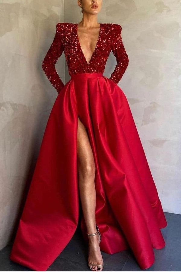 Deep V-Neck Sequins Prom Dress Long Sleeves With Slit-showprettydress