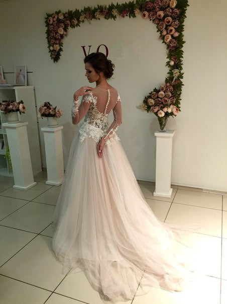 Delicate Lace Appliques Tulle Long Sleeve A line Sweep Train Bridal Dress-showprettydress