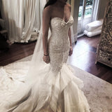 Delicate Mermaid Lace Rufflesd Wedding Dress Spaghetti Strap Bridal Gown-showprettydress