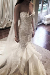 Delicate Mermaid Lace Rufflesd Wedding Dress Spaghetti Strap Bridal Gown-showprettydress