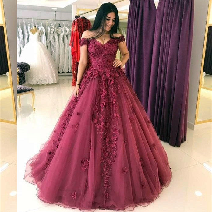 Delicate Off-the-shoulder Lace Appliques A-line Burgundy Evening Gown-showprettydress