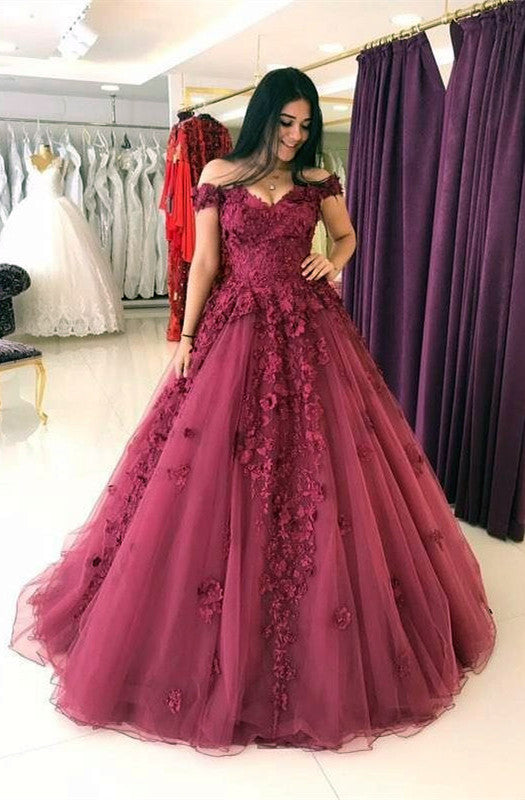 Delicate Off-the-shoulder Lace Appliques A-line Burgundy Evening Gown-showprettydress