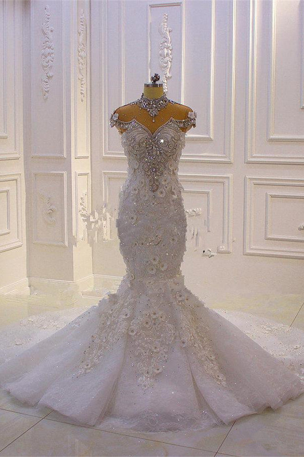 Delicate Sleeveless Beading Sheer Tulle Appliques Mermaid Sparkling Wedding Dresses-showprettydress
