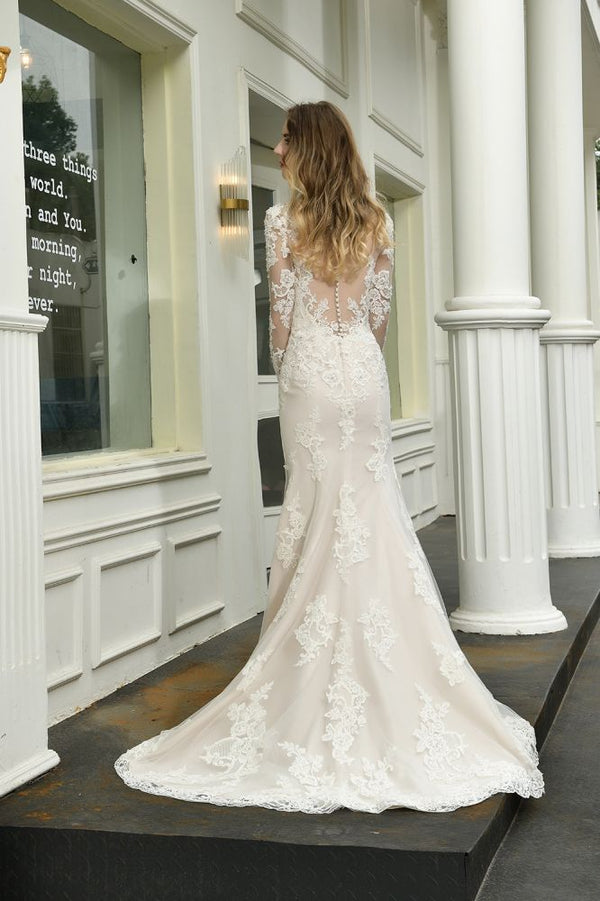 Delicate V Neck High Split Long Sleevess Lace Wedding Dress With Court Train-showprettydress