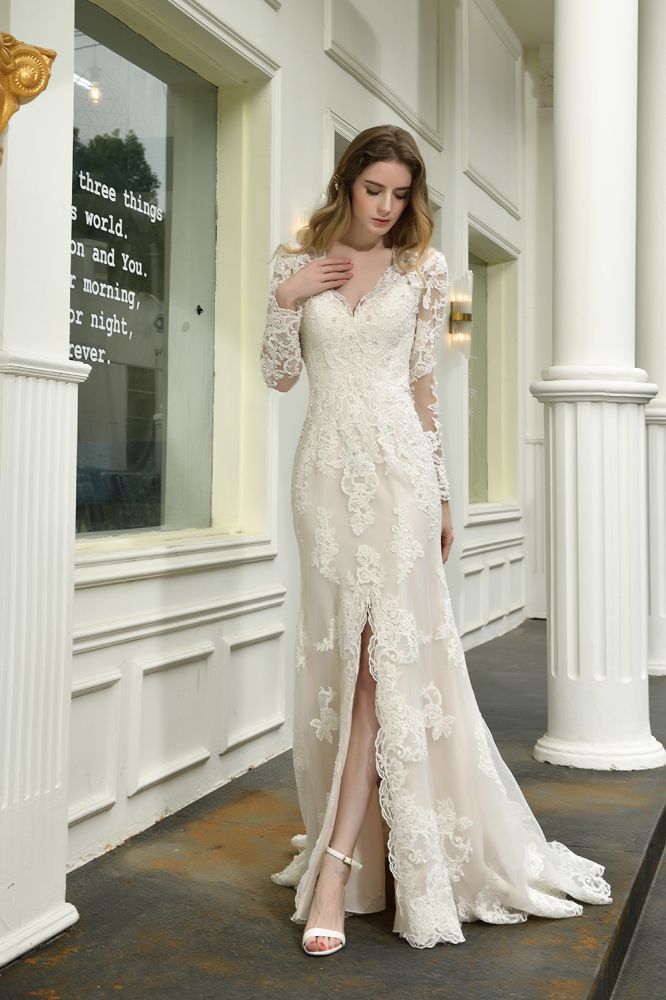 Delicate V Neck High Split Long Sleevess Lace Wedding Dress With Court Train-showprettydress