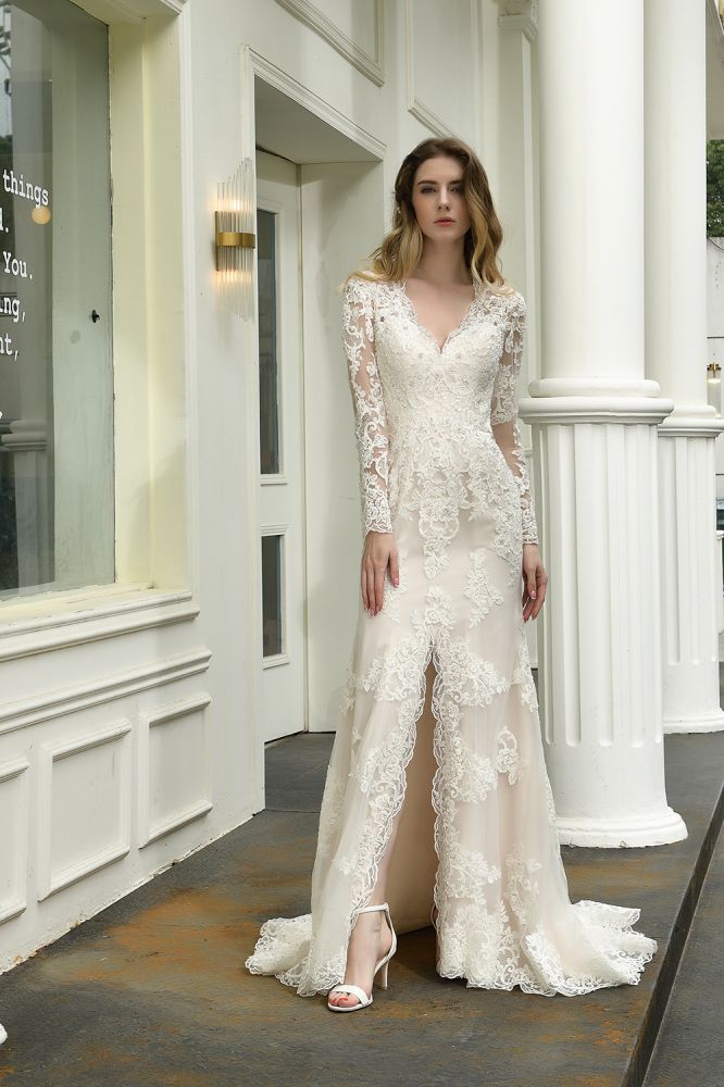 Delicate V Neck High Split Long Sleevess Lace Wedding Dress With Court Train-showprettydress