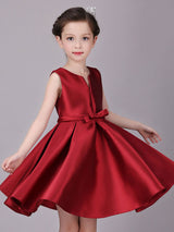 Designed Neckline Satin Fabric Sleeveless Short Princess Bows Kids Social Party Dresses-showprettydress