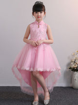 Designed Neckline Tulle Sleeveless Short High Low Princess Embroidered Kids Party Dresses-showprettydress