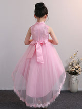 Designed Neckline Tulle Sleeveless Short High Low Princess Embroidered Kids Party Dresses-showprettydress