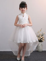 Designed Neckline Tulle Sleeveless Short High Low Princess Embroidered Kids Party Dresses-showprettydress