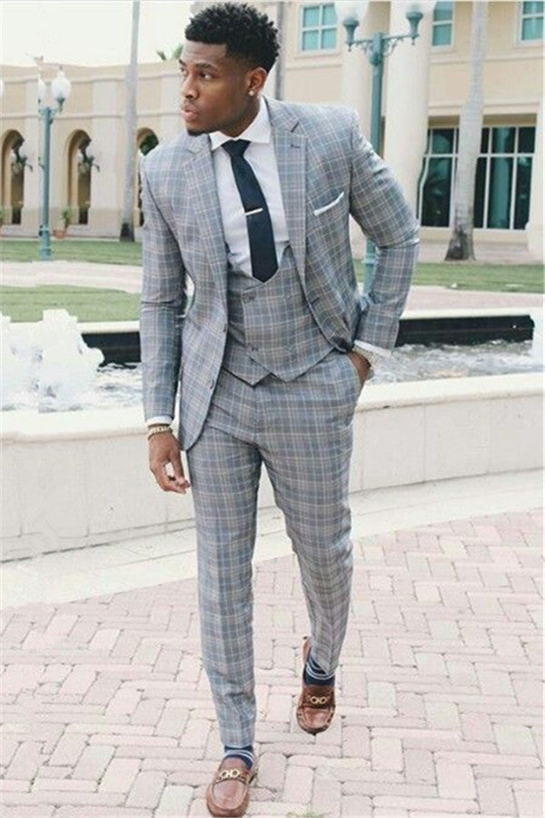 Designer Grid Men Suits Three-Piece Notch Lapel Slim Fit Prom Suit-showprettydress
