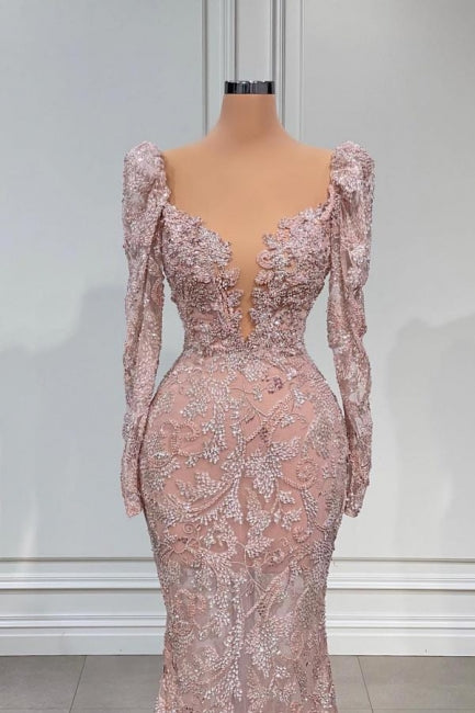 Designer Long Mermaid V-neck Lace Prom Dress Evening Gowns With Sleeves-showprettydress