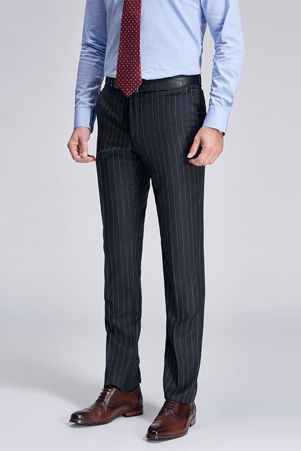 Double Breasted Mens Suits Stripes Dark Grey Suits for Men-showprettydress