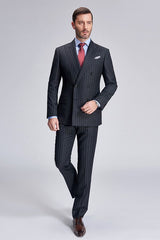 Double Breasted Mens Suits Stripes Dark Grey Suits for Men-showprettydress