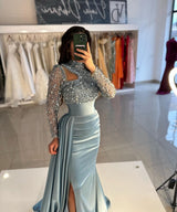 Dusty Blue Long Sleeves High Neck Mermaid Formal Prom Dress With Sequins-showprettydress