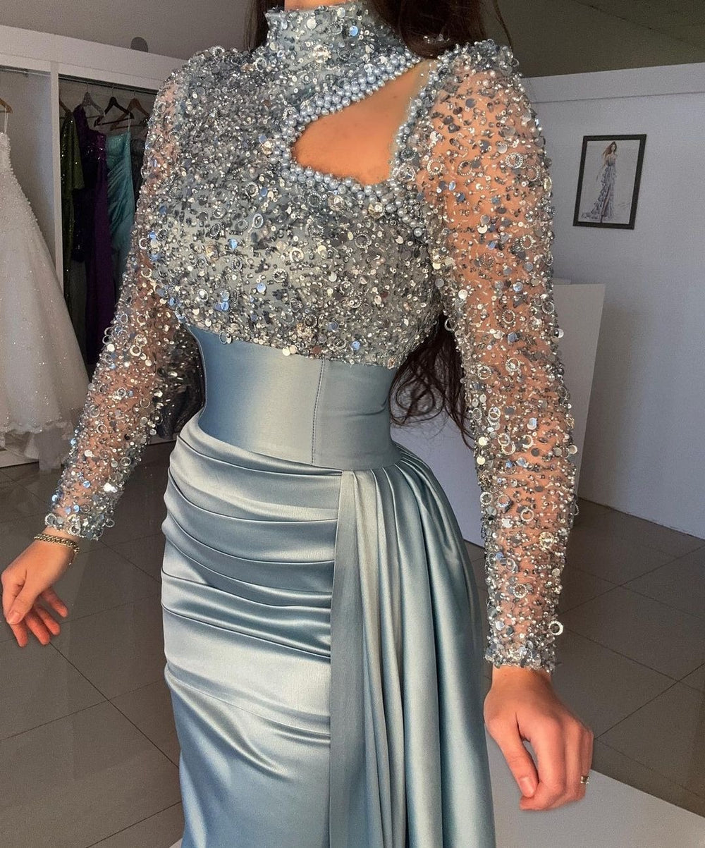 Dusty Blue Long Sleeves High Neck Mermaid Formal Prom Dress With Sequi