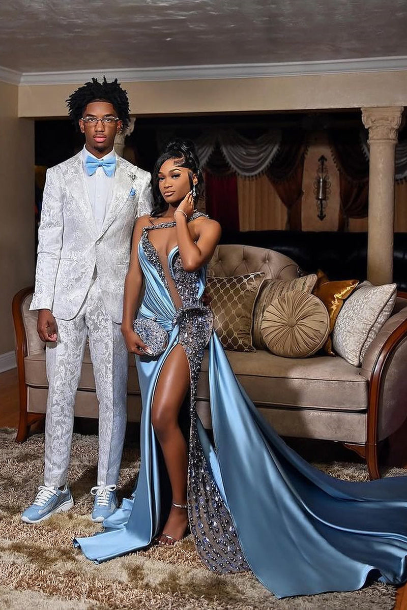 Dusty Blue One shoulder High Split Beaded Long Prom Dresses-Showprettydress