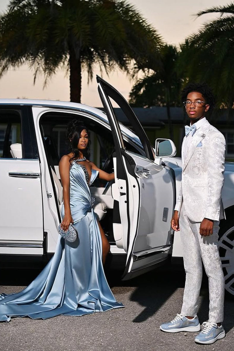Dusty Blue One shoulder High Split Beaded Long Prom Dresses-Showprettydress