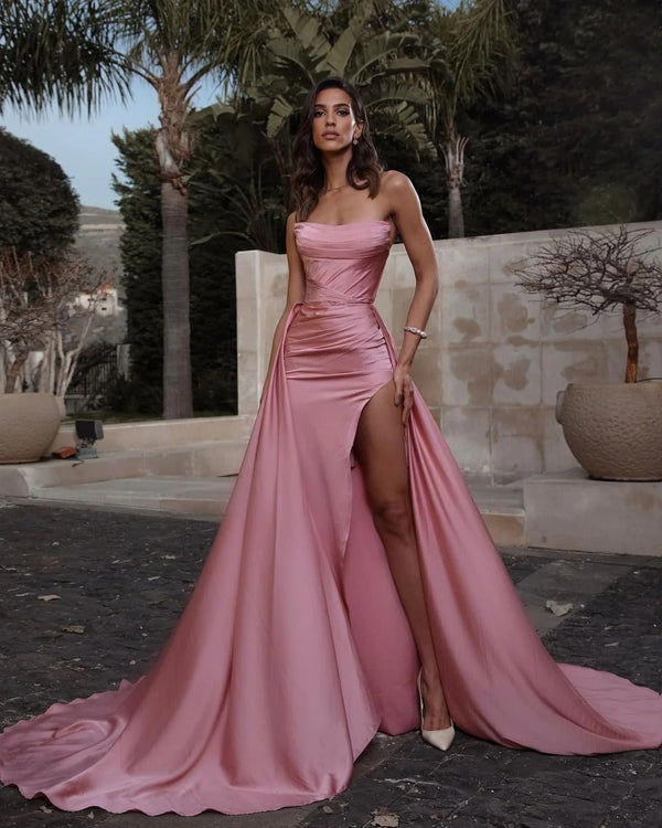 Dusty Pink Long Mermaid Strapless Ruffles Prom Dress With Slit-showprettydress
