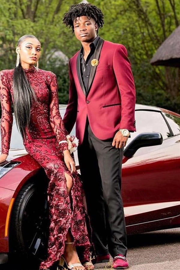 Burgundy One-Button Prom Suit with Black Shawl Lapel