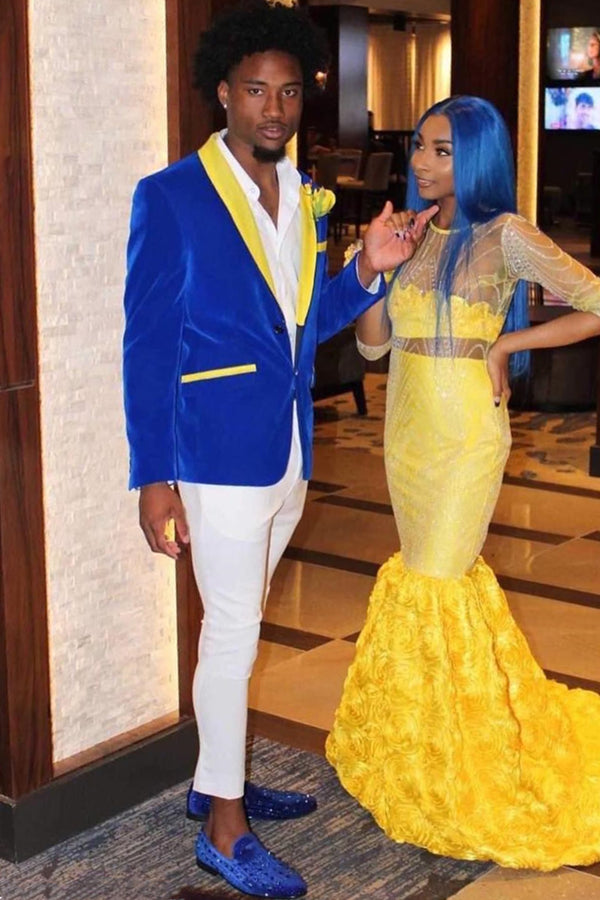 Royal Blue Velvet Prom Suit with Yellow Shawl Lapel