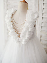 Ecru White Jewel Neck Sleeveless Pearls Kids Party Dresses-showprettydress