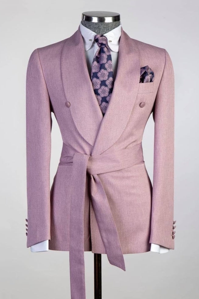 Stylish Rose Pink Shawl Lapel Business Suit with Sash for Prom
